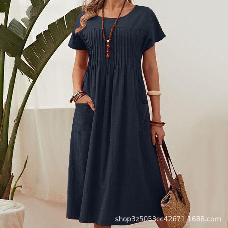 Nouvelle robe d'été grande taille pour femme, décontractée, col rond, avec poches, coupe ample, en coton et lin