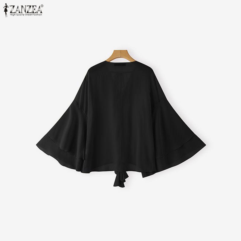ZANZEA Blusa Elegante da Donna Casual con Scollo a V, Strati, Maniche a Svasatura, Semitrasparente, Larga