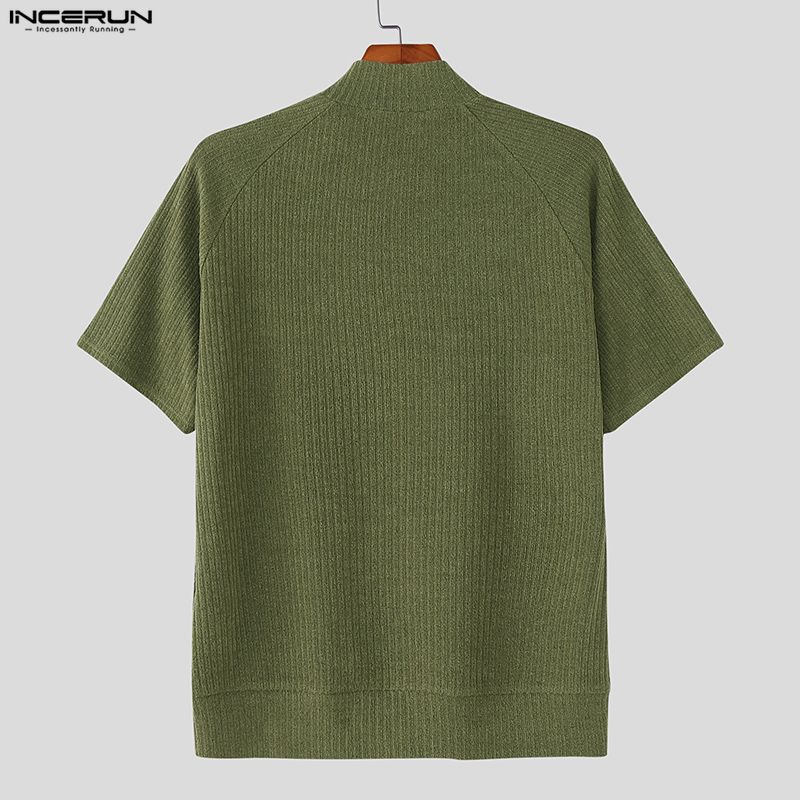 INCERUN Men High Neck Short Sleeve Casual Rib Fitted Tops T-shirts