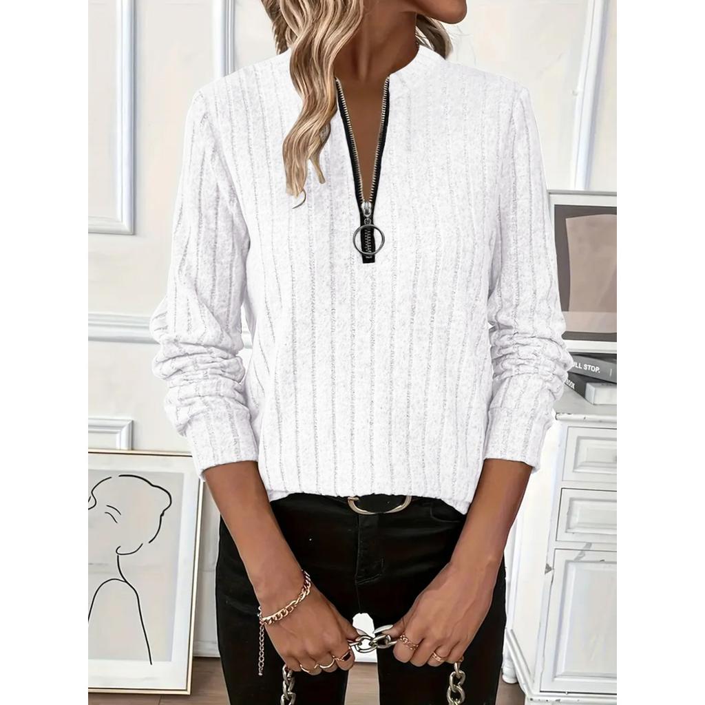 Høst og Vinter Dame Strikket Ribbestrikket Ensfarget Stoff Glidelås Langermet Dame T-skjorte