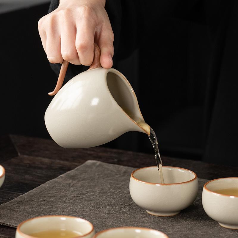 Beige Ru Kiln Kung Fu Tea Set Household Ceramic Tea Bowl Teapot Business Full Set of Gifts Tea Set