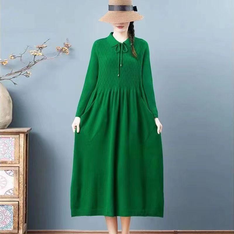 

Mom s medium and long over-the-knee women s sweater Doll collar with coat Autumn and winter loose bottoming dress Knitted sweater one size fits all