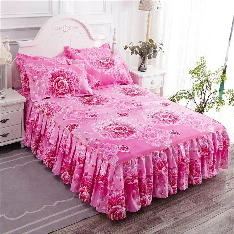 Lace Bed Sheet Skirt  Floral Printed Bed Cover Single/Queen/King Size Bedspread On The Bed (No Pillowcase