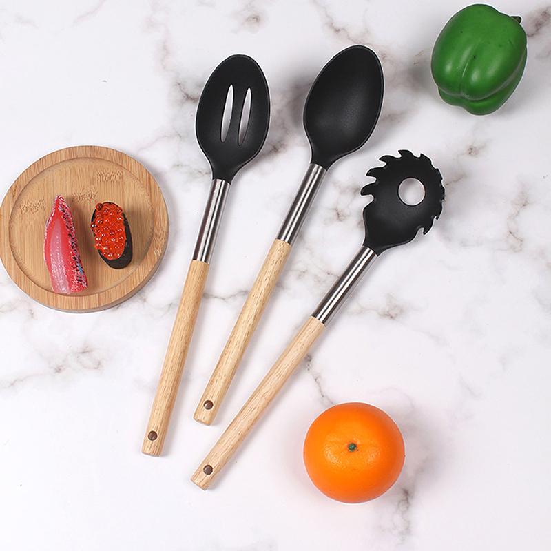 Silicone Kitchenware Non-Stick Heat-Resistant Cookware Kitchen Utensils Set Spatula Shovel Spoon Wooden Handle Cooking Tool Set