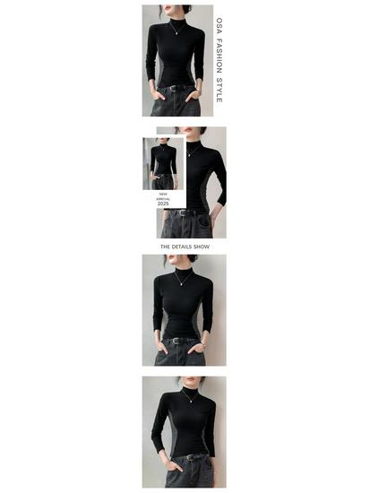 Women's Deep Gray Color Block Half-High Neck Long-Sleeve Slimming Base Layer Top for Autumn/Winter