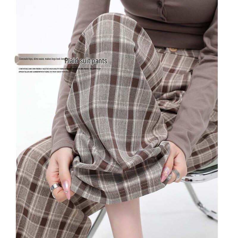 Women's Plaid Pleated Wide-Leg Suit Trousers