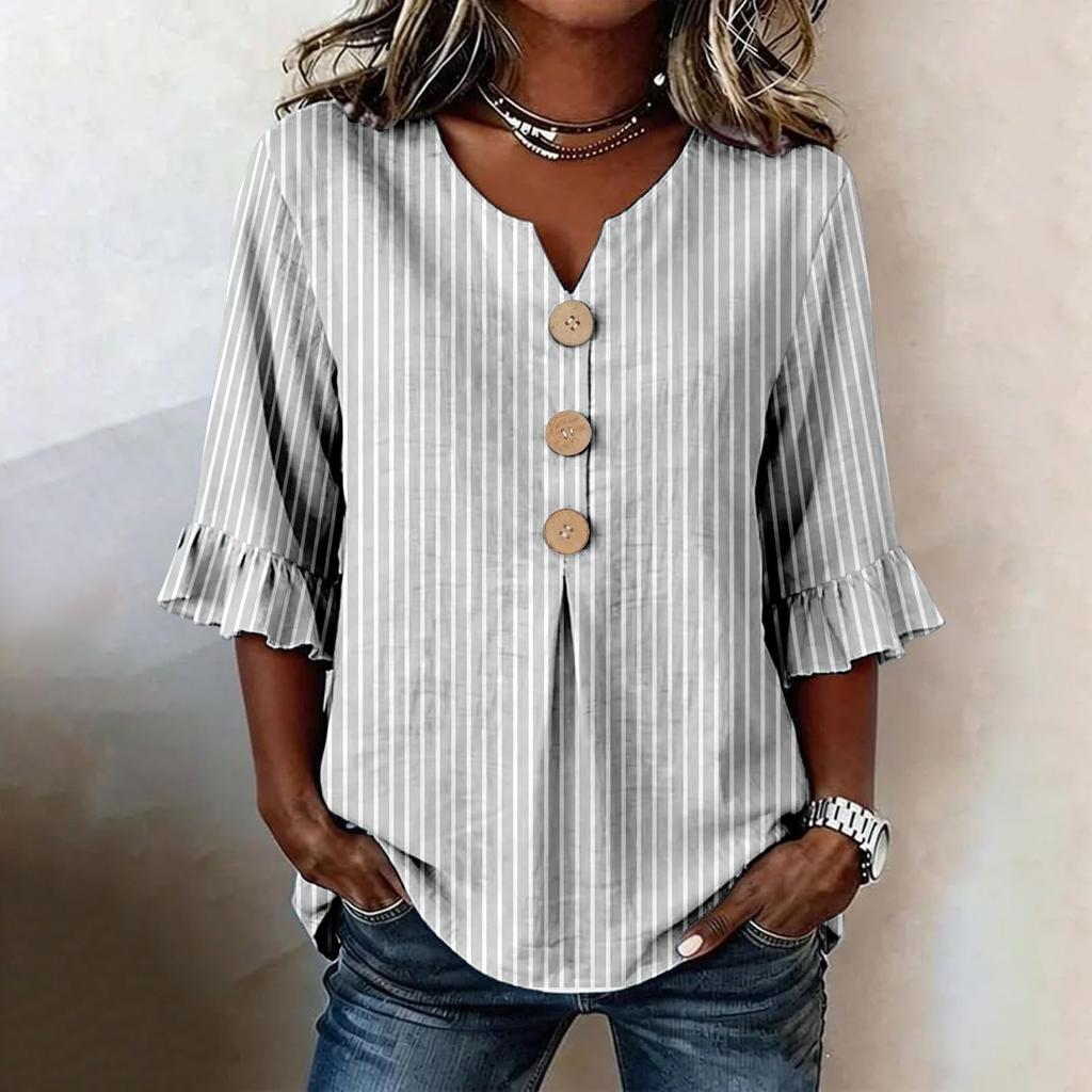 Womens V Neck Striped Print Button Loose Fit Ruffle Sleeve Blouse Casual Relaxed Fit Top for Everyday Wear