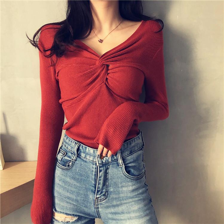 Versatile Knit Sweater Women Long Sleeve V Neck Inner Outer Wear Slim T Shirt Base Layer