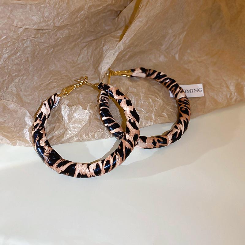Silver Needle Leopard Print Faux Leather Earrings - Trendy Hong Kong Retro Style Hoops