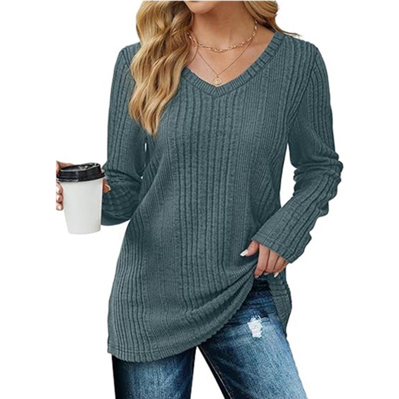 Pulover Tricotat cu Gât în V pentru Femei cu Mânecă Lungă Culoare Uni Pullover Casual Top de Zi cu Zi