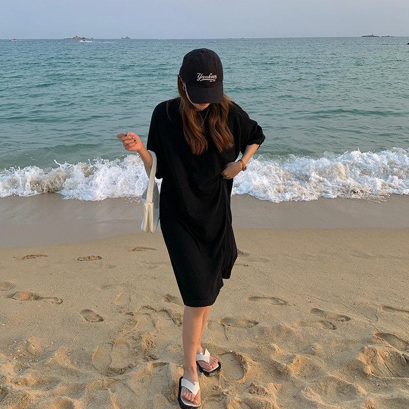

Pure cotton shoulder back bag collar dress women s loose and versatile medium and long short-sleeved women s tide XL чорний
