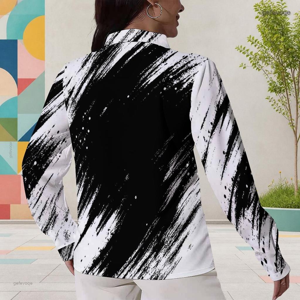 Women Plus Size Collared Neck Long Sleeve Black White Printed Button Front Curved Hem Shirt