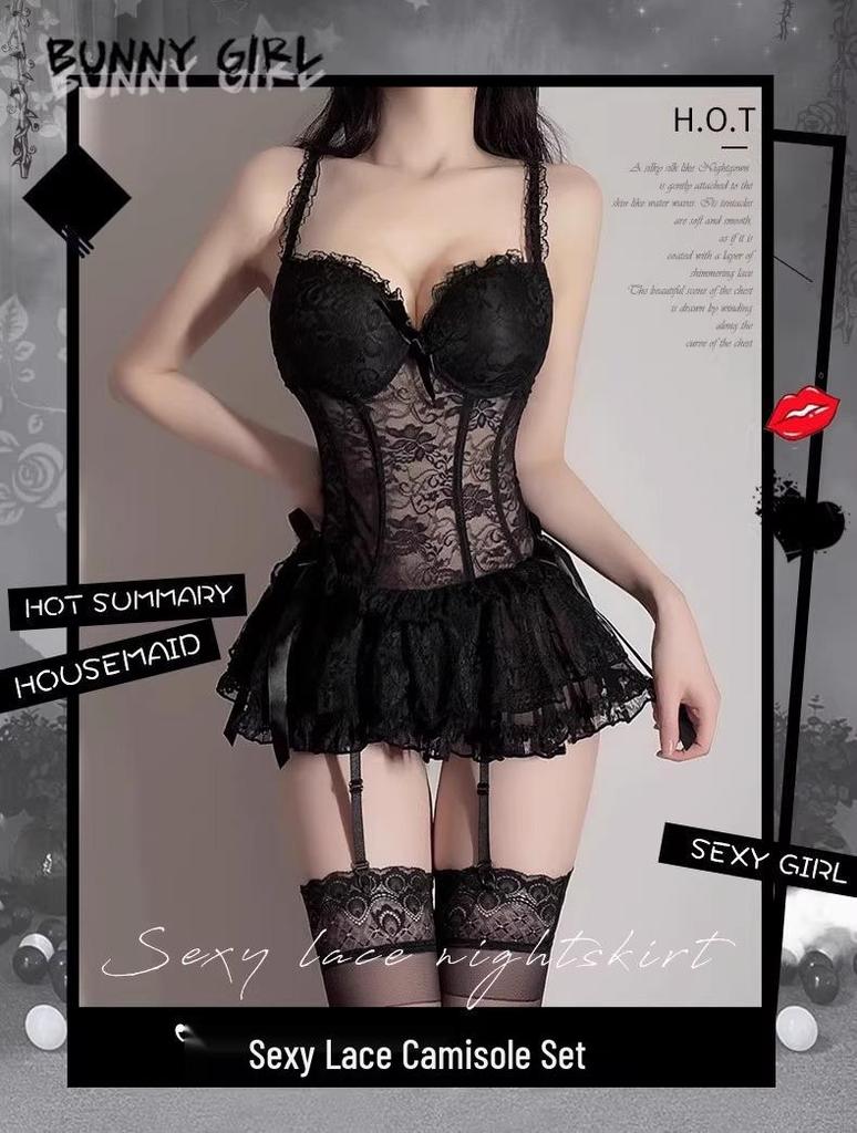 Seductive Lace Mesh See-Through Lingerie Bodysuit with Suspender Straps
