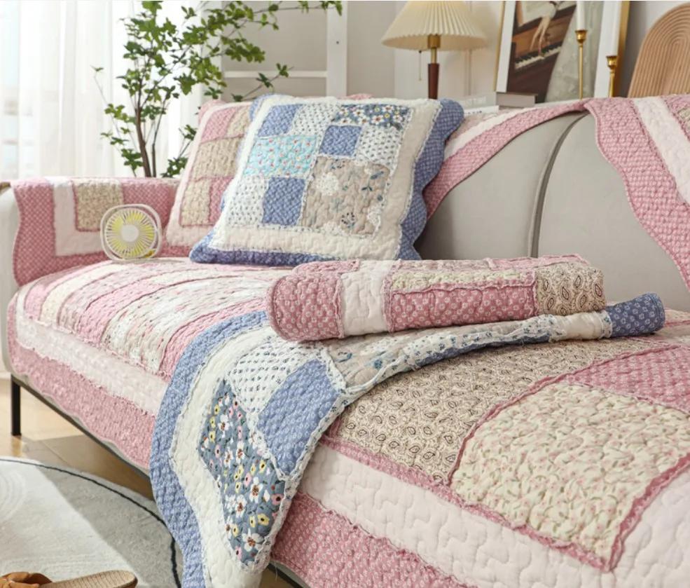 Pastoral Cotton Fabric Sofa Cover Slip Resistant Slipcover Rose Printing Seat Sofa Towel Dust Cover Towel Couches for Daybed Mat