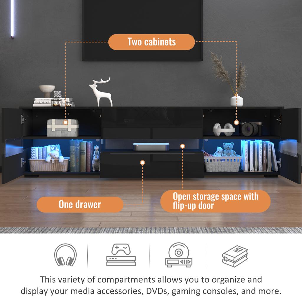 Moderní lesklá TV skříňka, 160x39x45 cm, s LED osvětlením, 2 dveře, 1 zásuvka, otevřená přihrádka, vhodná pro 70palcové televize