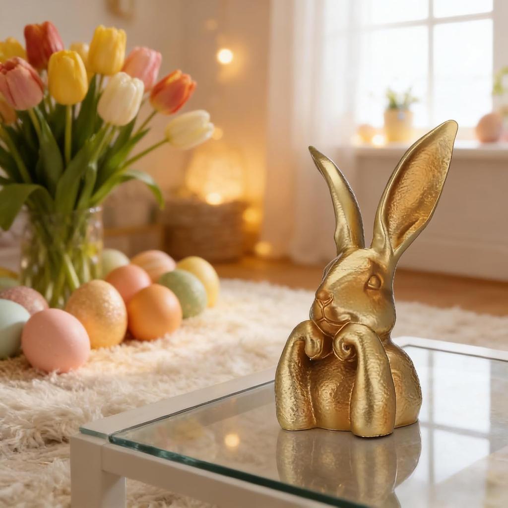 8 Inch Rabbits Vintage Figurines Decoration PVC Gold Large Bunny Collectibles Sculpture for Home Indoor Table Centerpiece Decor
