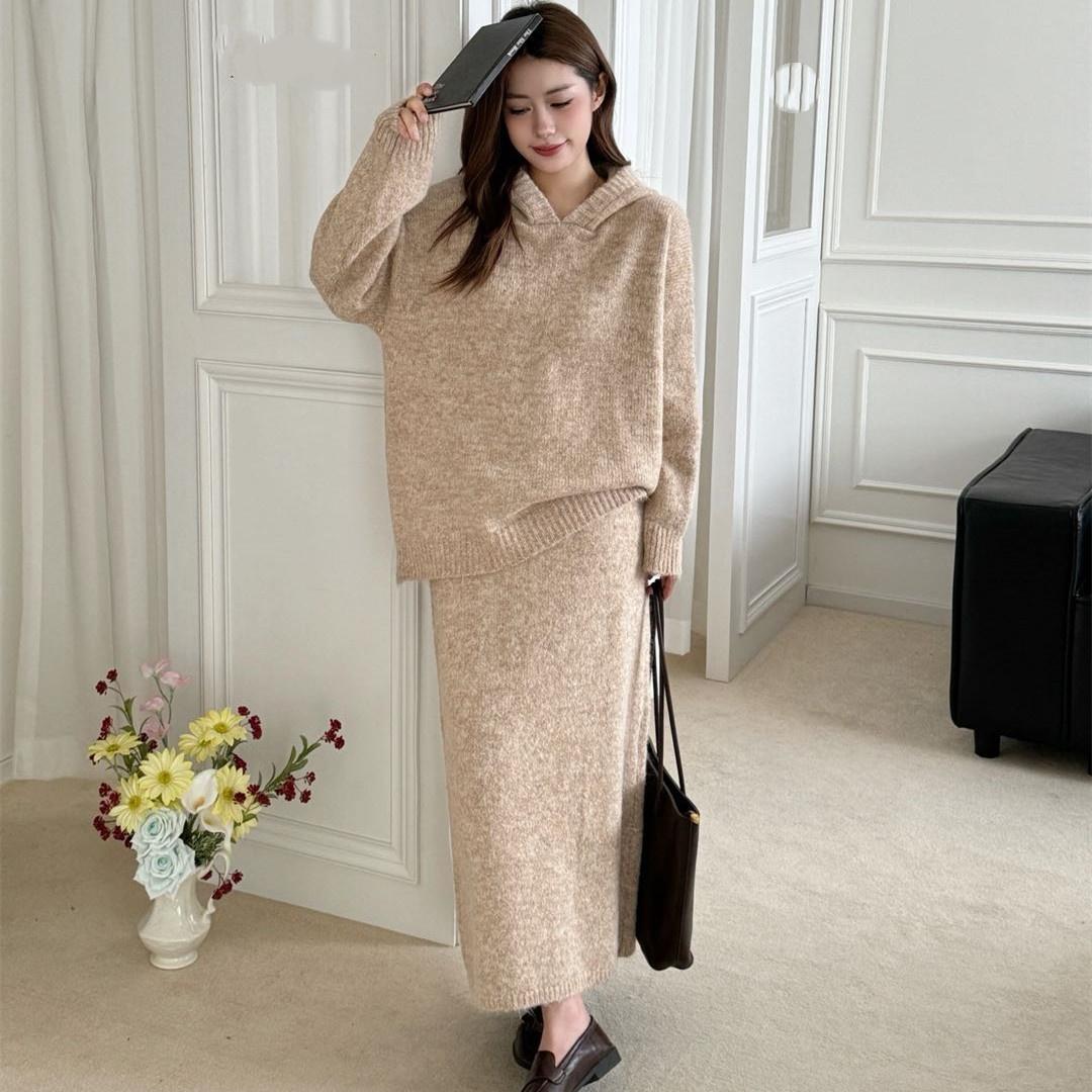 

Autumn and Winter 8% Wool Thickened Hooded Lazy Sweater Mid-length Skirt Two-piece Fashion Knitted Women s Suit M
