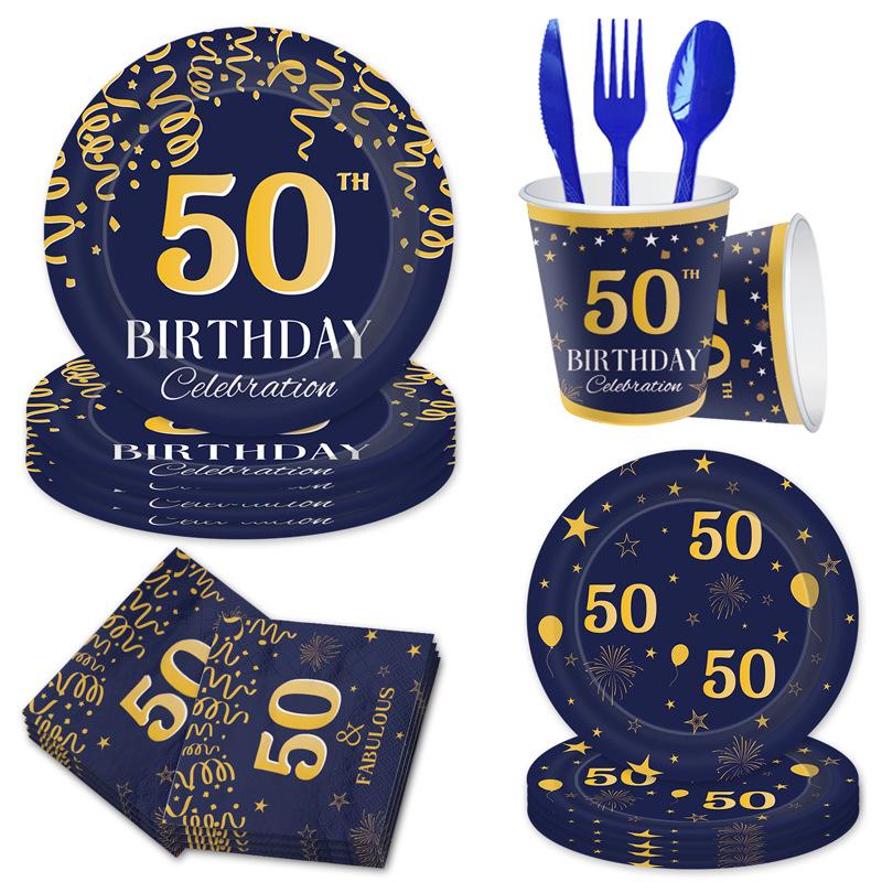50Th Birthday Party Tableware Ink Blue Disposable Paper Plates Paper Cups Tissue Tablecloths Party Birthday Decorations