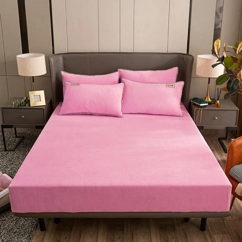 Winter Plush Fitted Sheet Elastic Double Bed Sheet Warm Bedspread Solid Color Mattress Cover Bed Linen Protector (No Pillowcase)