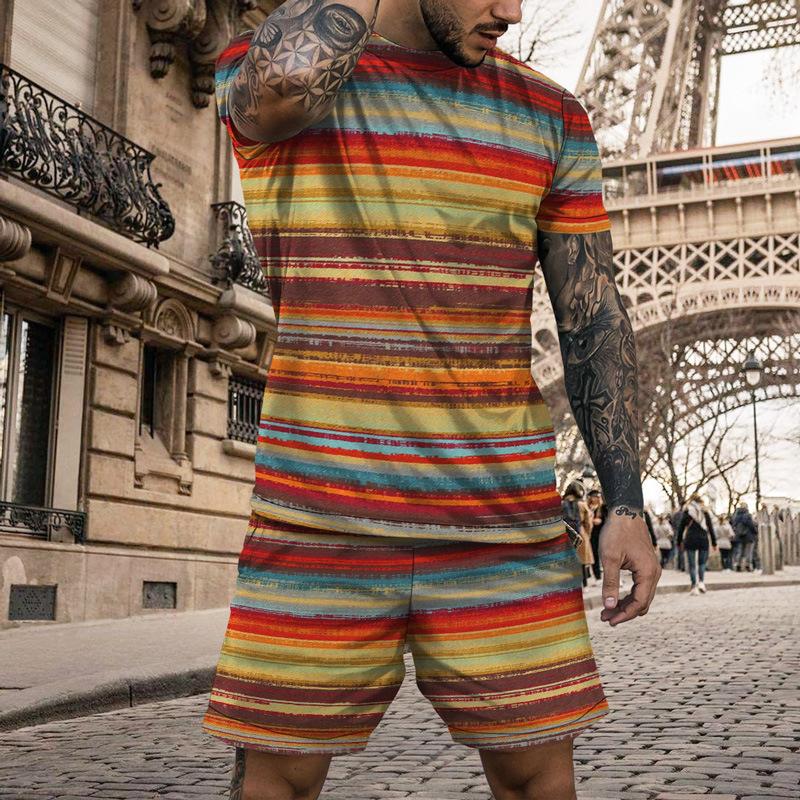 Vintage Casual Clothes Outfits For Men Print Striped Loose T Shirt Suit Oversized  O Neck Summer Tracksuit Streetwear Men's Set