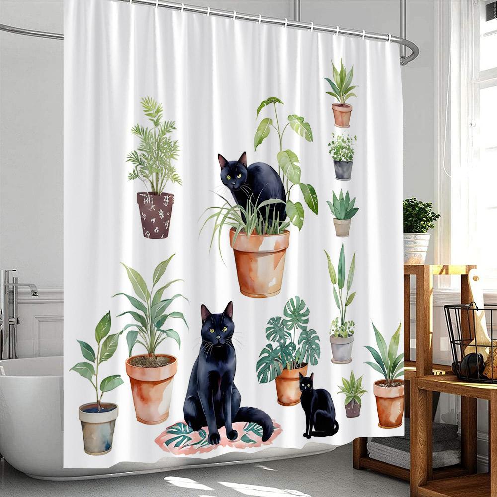 Plant Shower Curtain Cats Green Potted Plants Leaves Cat on the Toilet Modern Bathroom Decor Polyester Fabric Bathtub Curtain
