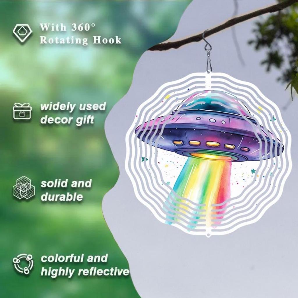 3D Kinetic Wind Spinner Alien UFO Design Metal Hanging Ornament for Outdoor Garden Yard Halloween Christmas Housewarming Decor