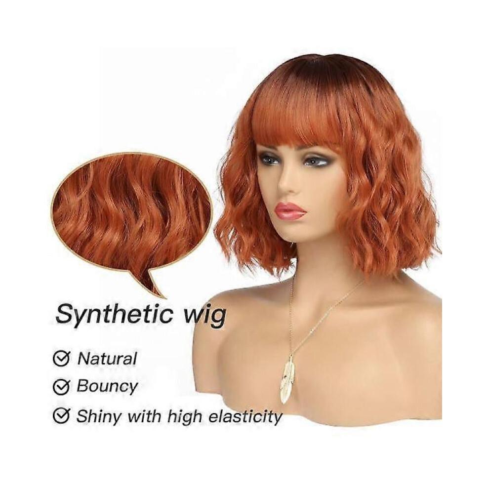 Short Copper Red Wigs for Women Fox Red Wig Ombre Red Dark Root Culy Bob Wigs with Bangs Ginger Hair Wig