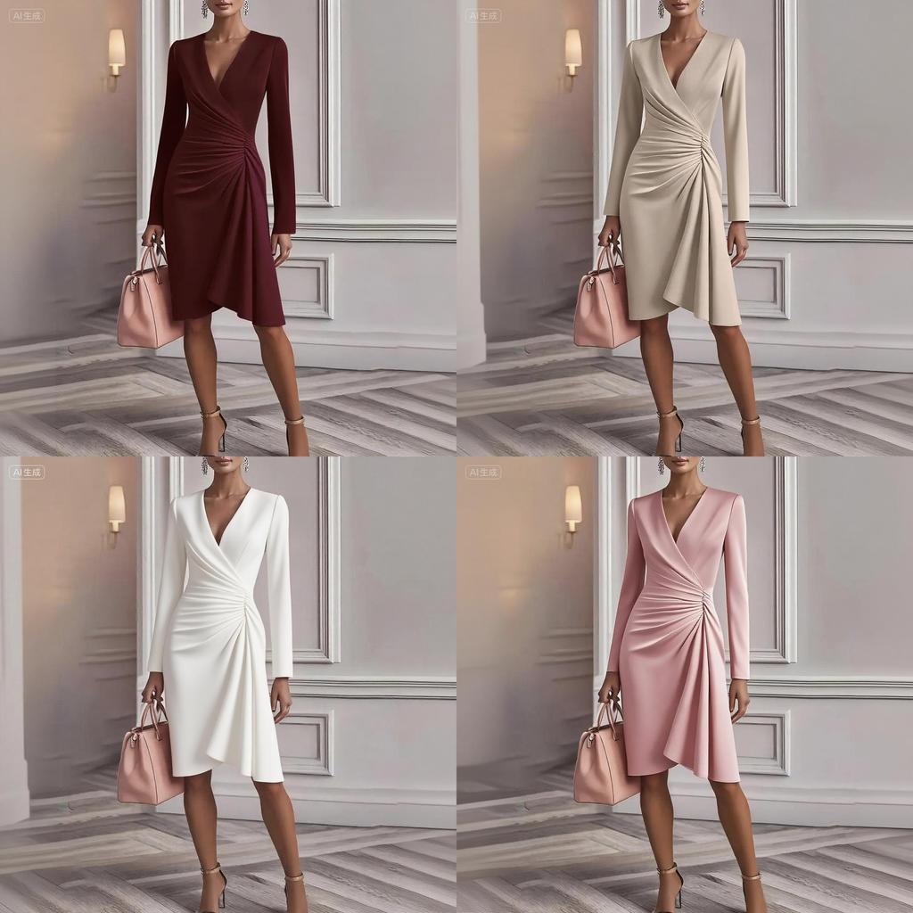Elegante Vestito a Maniche Lunghe da Donna con Scollo a V e Design Spliced per l'Ufficio