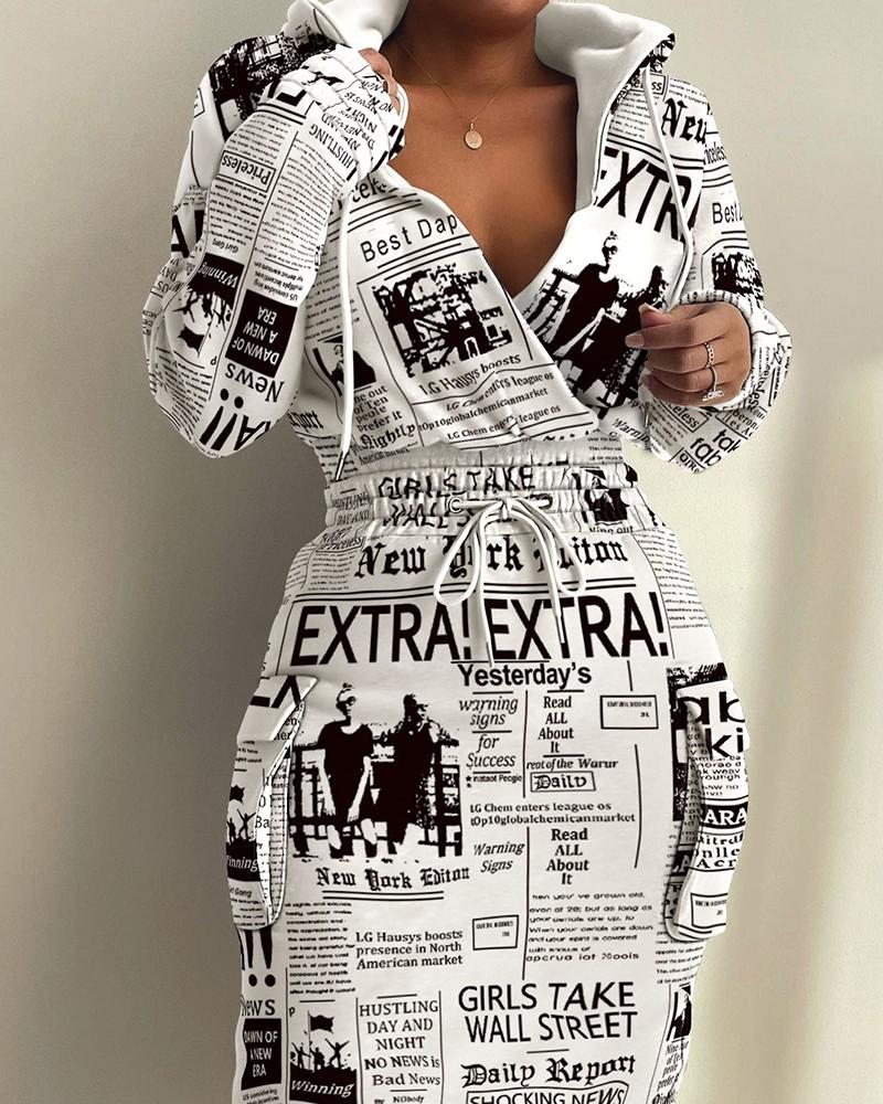 Women s V Neck Long Sleeve Midi Dress Slim Fit Mid Rise Streetwear Printed Drawstring Pocket Casual Bodycon Dress S