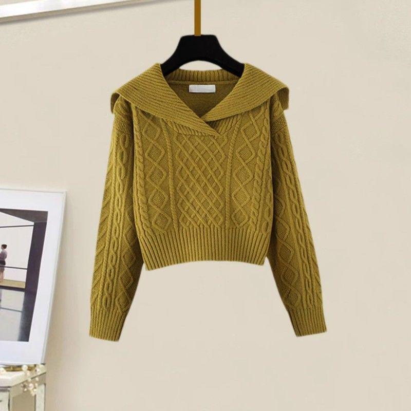 Petite Two-Piece Set: Peter Pan Collar Cable Knit Sweater + High-Waisted A-Line Knit Midi Skirt, Autumn/Winter Style.