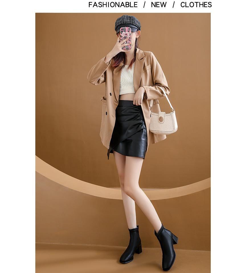 Women's Soft Leather Chunky Heel Square Toe Ankle Boots with Velvet, Autumn-Winter Versatile Slimming Style.