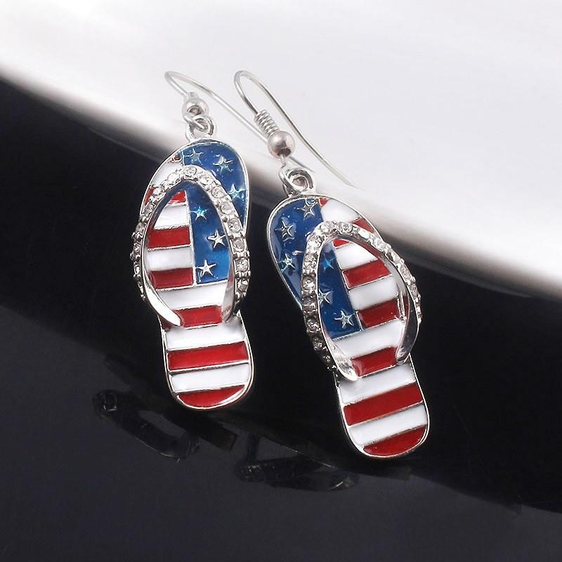 Independence Day Flag Hat, Slippers, Love Earrings, Red, White And Blue Striped Flag Earrings