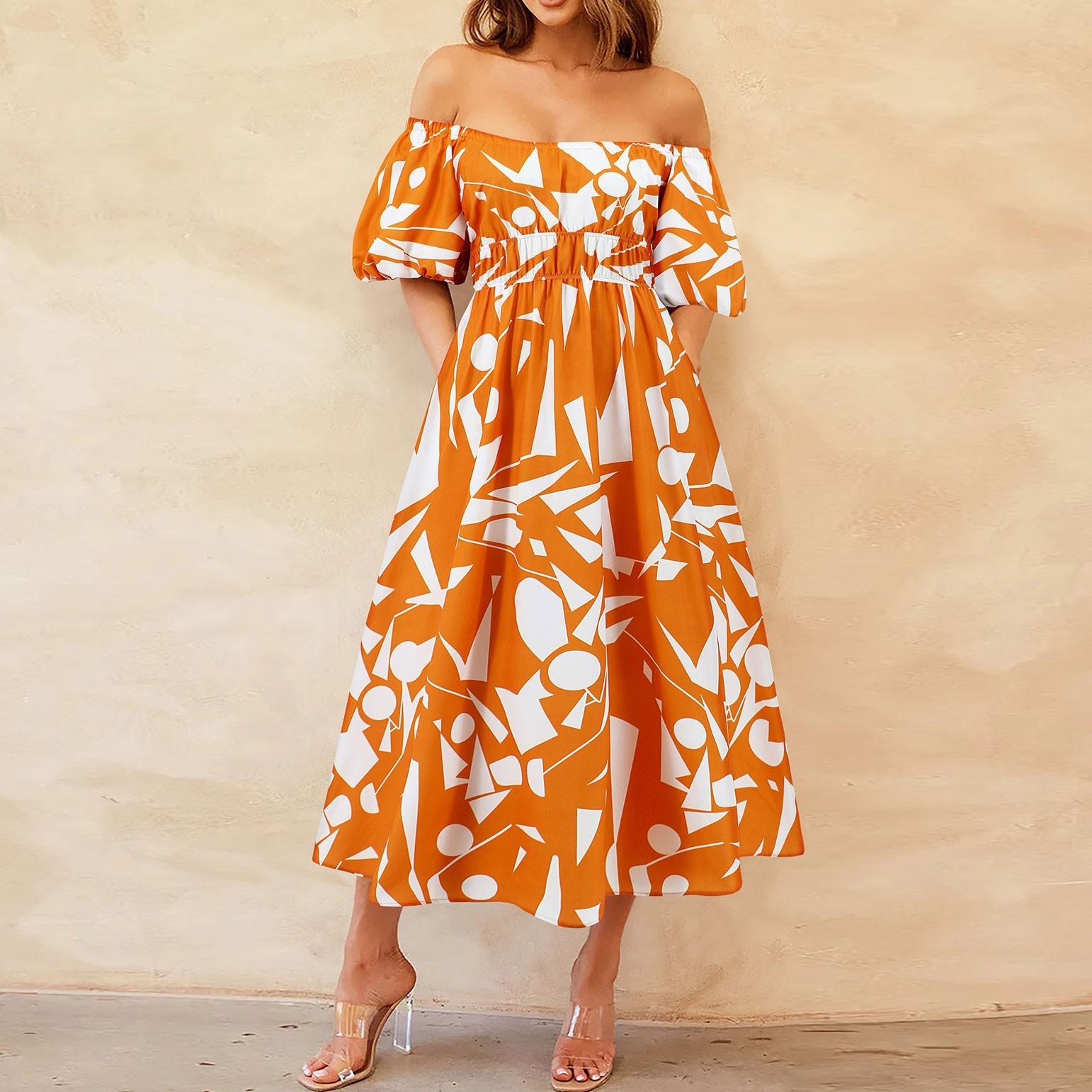 

Женские платья макси в стиле бохо, летнее однотонное платье с рукавами-фонариками и цветочным принтом, струящееся повседневное длинное платье S оранжевый