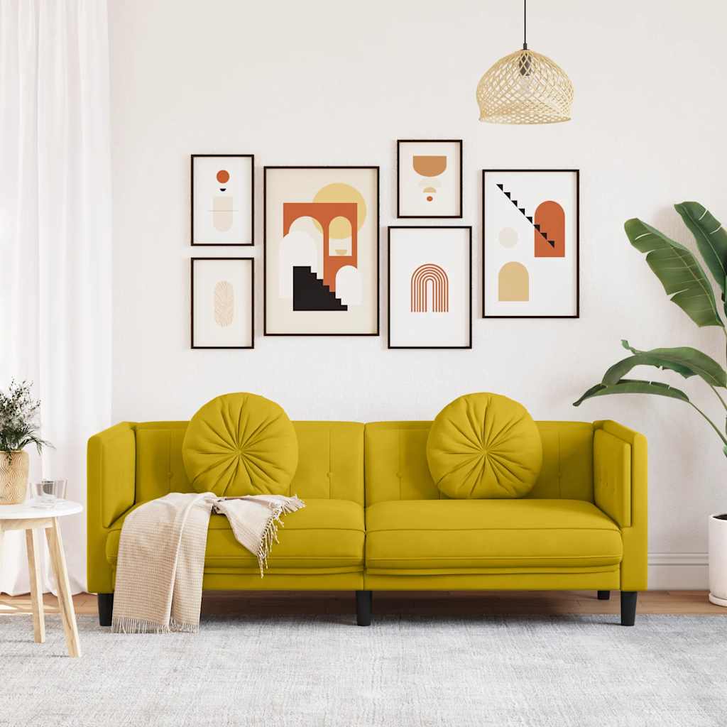 3 Seater Yellow Velvet Sofa with Cushions