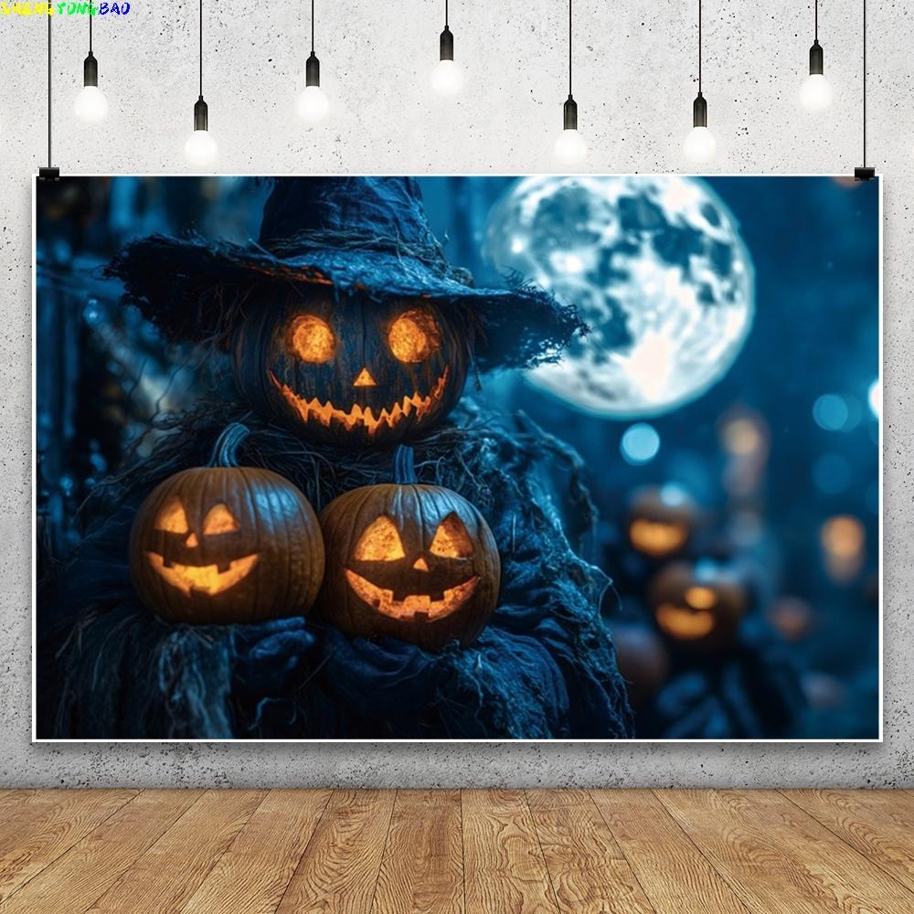Horror Halloween Photography Background Terrifying Full Moon Night Pumpkin Lamps Scarecrow Halloween Party Decor Photo Backdrop