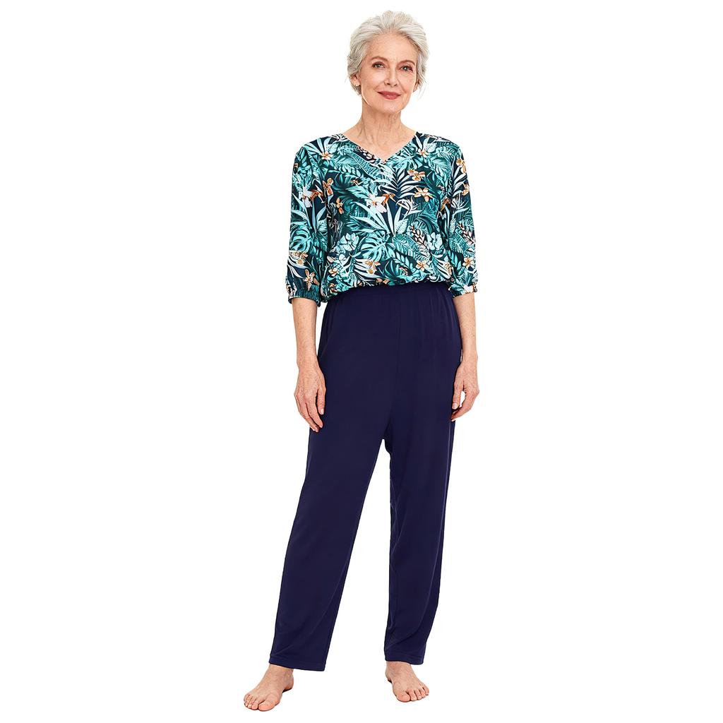 S-XXL Women Alzheimer Elderly Anti-Strip Adaptive Printed Jumpsuit V Neck 3/4 Sleeve Wide Leg Back Zipper Nursing Rompers for Special Needs
