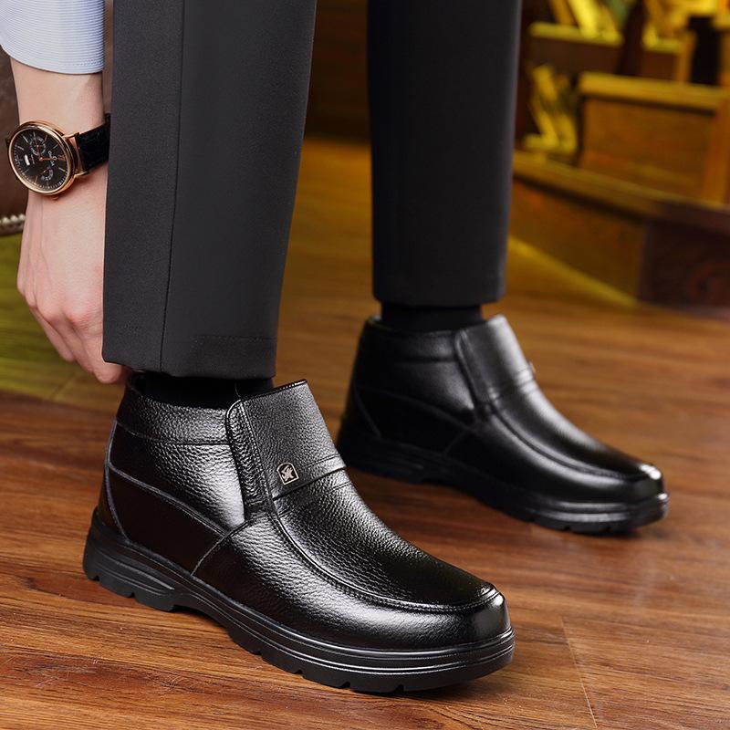 High Quality Men's Genuine Leather Boots Winter Snow Shoes Wool Inner Anti Slip Father Ankle Boots Waterproof Warm Cotton Boot