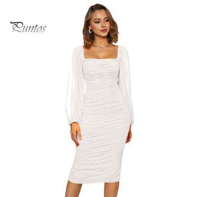 Women Evening Dress Square Neck Mesh Lantern Sleeve Pleated Bodycon Pure Color Elastic Mid-calf Length Midi Dress for Prom Formal Party