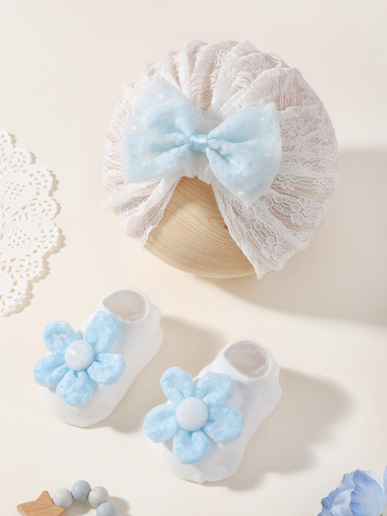 2 Stück Baby Schleife Mütze Socken Set Kleinkind Jungen Mädchen Spitze Druck Schleife Elastische Mütze Turban Einfarbig Weiche Socke Kinder Accessoires