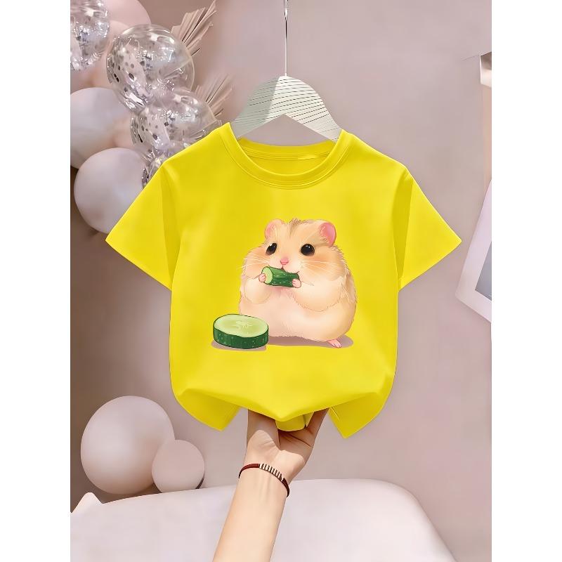 European sizes Summer Casual Girls' Clothing, Featuring a Cute Cartoon Hamster Print, Soft, Comfortable, and Versatile Round-neck T-shirt