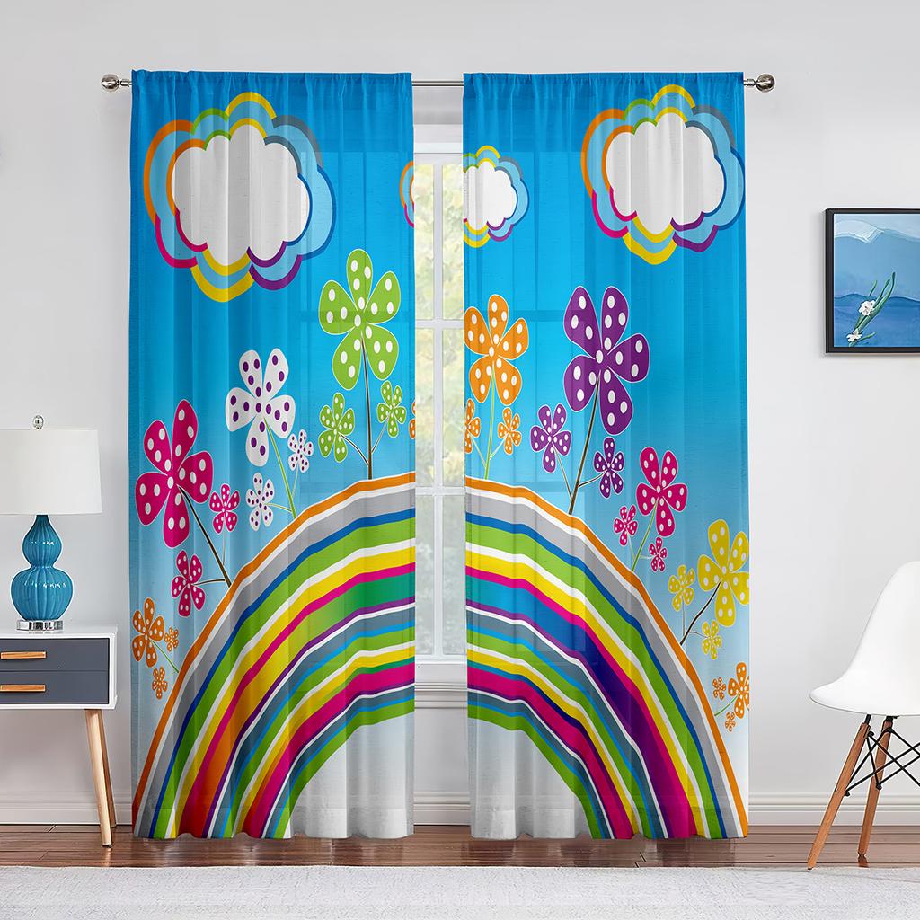 Fluffy Clouds and Rainbow Sky Tulle Curtains for Living Room Kids Bedroom Decoration Chiffon Sheer Voile Window Curtain Drapes