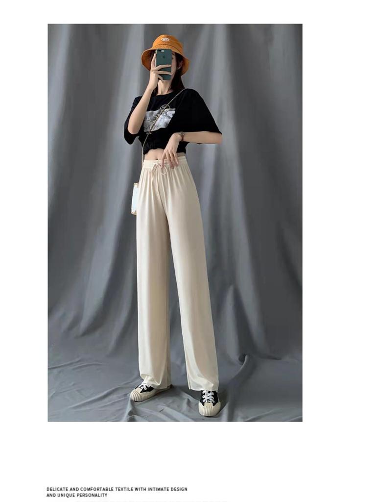 2025 Women's High Waist Wide Leg Ice Silk Pants - Spring/Summer Loose, Slimming, Floor-Length.
