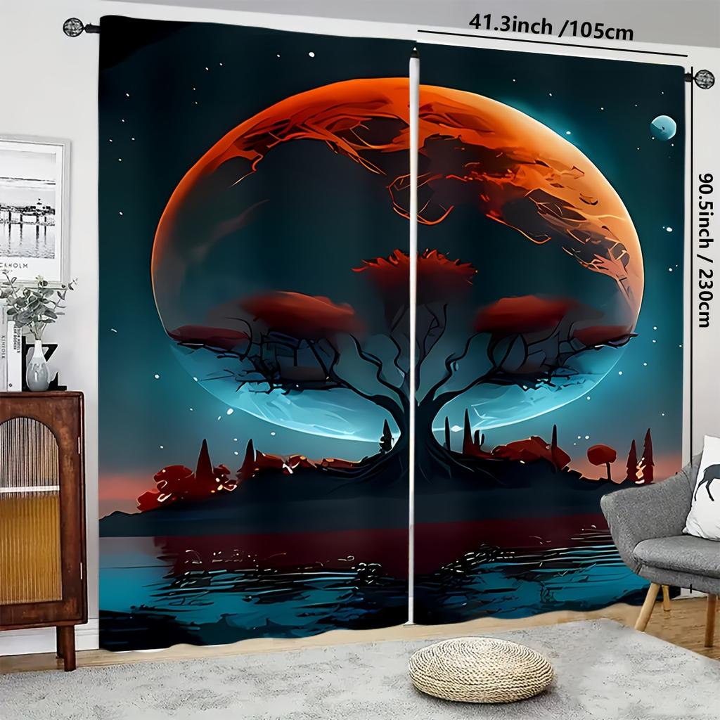 2pcs Set Tree & Planet Design Curtains-polyester Fiber   Machine Washable   Rod-shaped Pocket Can Be Easily Hung-very Suitable