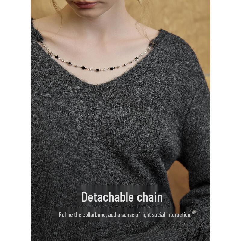 ELLE Grey Studded V-Neck Sweater