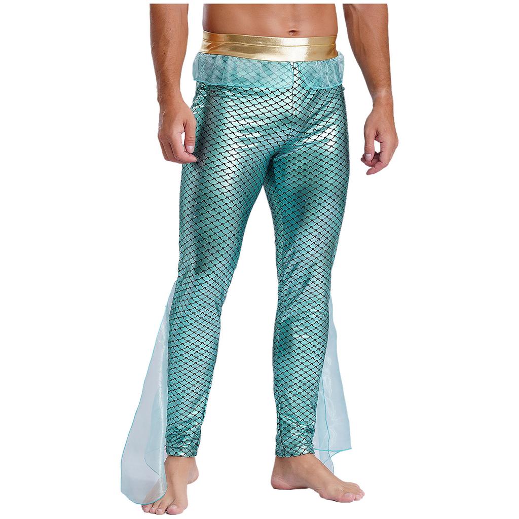 Men's Fishscale Print Leggings - Shiny Mermaid Pants with Elastic Waist for Halloween & Sea King Cosplay