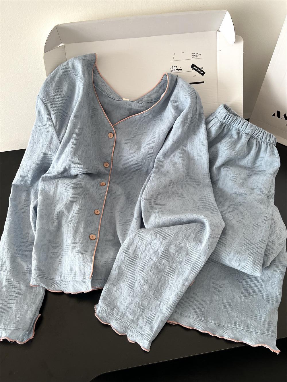 

[Spot] Premium sense solid color pajamas women s spring and autumn new long-sleeved trousers loungewear set in stock 2xl (recommended 70~77.5kg )