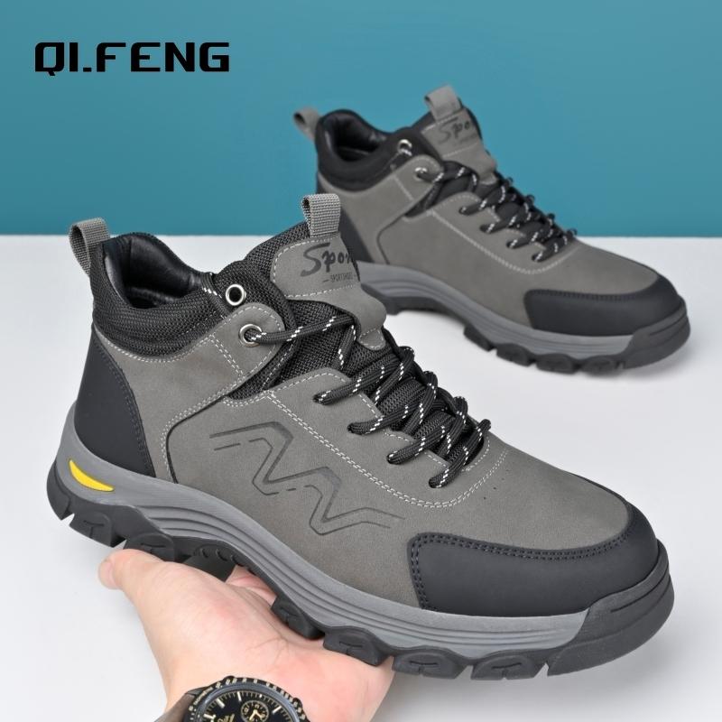 Men Outdoor Travel Hiking Mountaineering Shoes Large Genuine Leather High Top Casual Shoes Anti Slip Wear-Resistant Sneaker