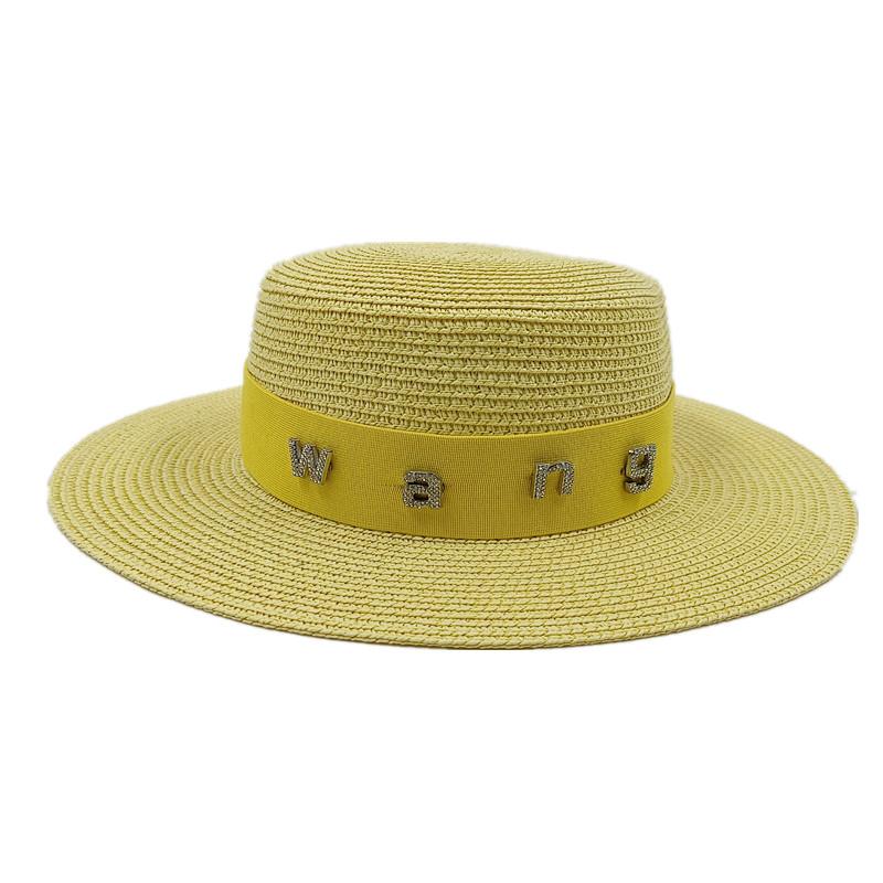 2022 new rhinestone RB letter flat top hat sunscreen black and white straw hat top hat holiday straw hat