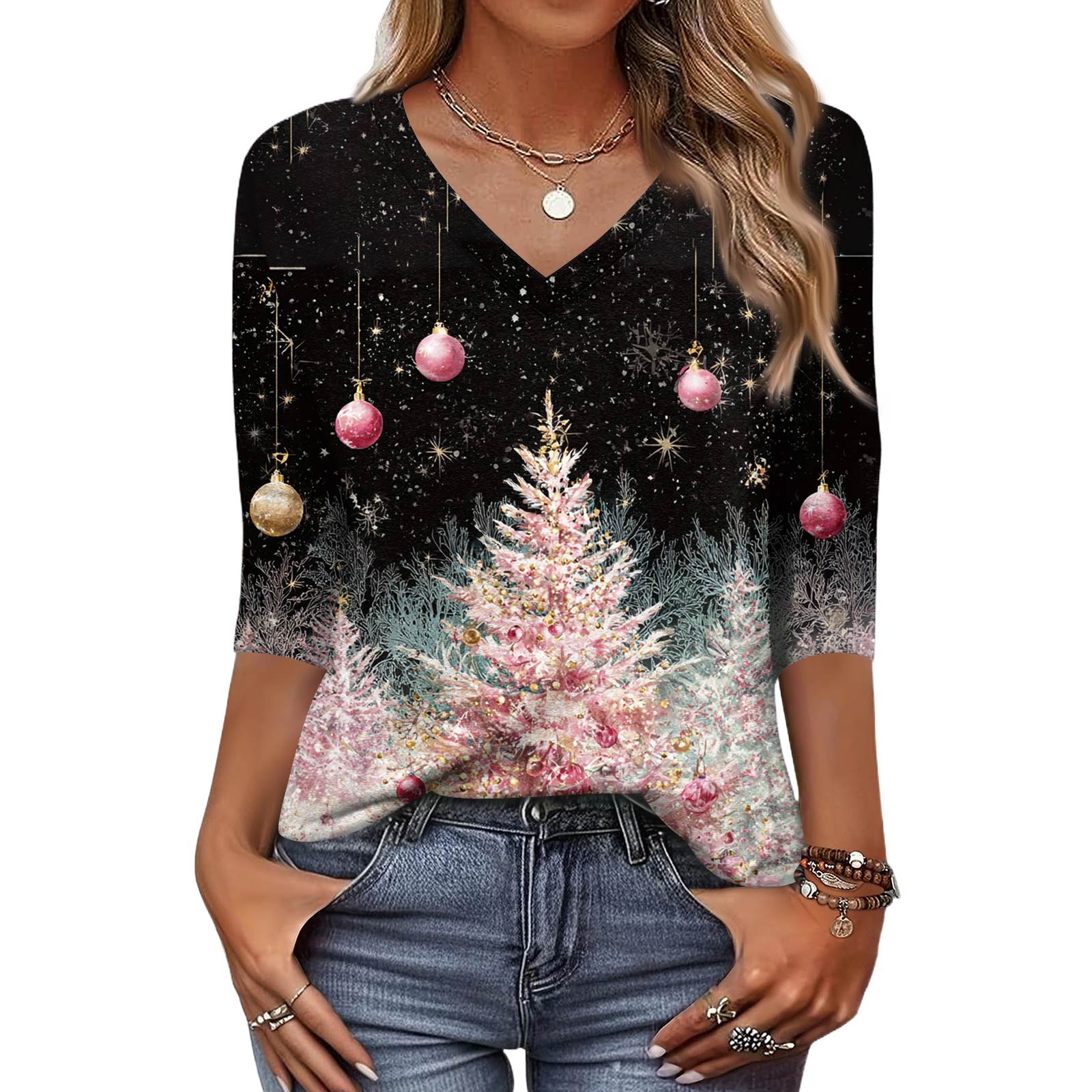 

Модный винтажный топ с рукавом 3/4 для женщин, женская повседневная футболка с рукавом три четверти, V-образным вырезом и принтом S чёрный