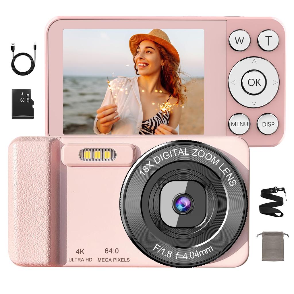 New Model 4K Digital Camera with 64MP Large 18x Digital 20 LED Continuous Loop USB Tripod Webcam School Japanese Instruction 32GB Card Included [2025